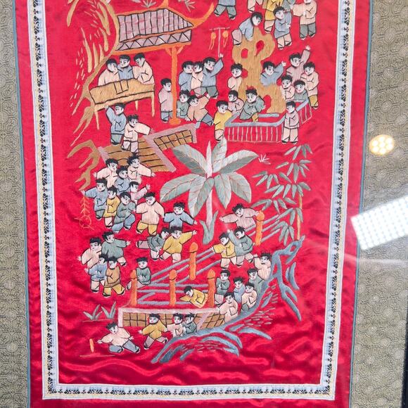 Vintage Chinese Silk Tapestry Embroidered Boats Kids Professionally Matted Frame - Picture 2 of 15
